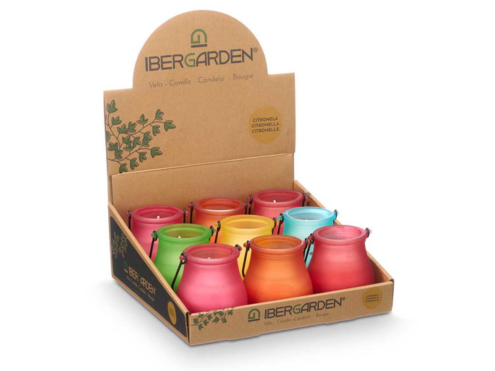 Ibergarden Vela Citronela con Asa Surtido 6 Colores Rosa, Naranja, Azul, Amarillo, Verde, Rojo Uso Exterior (Set de 27)