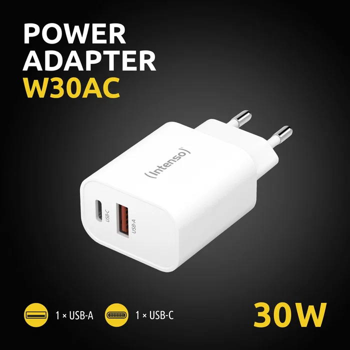 Intenso 7803012 Adaptador de Corriente USB-A y USB-C 30W Carga Rápida Dual Puerto Blanco Universal
