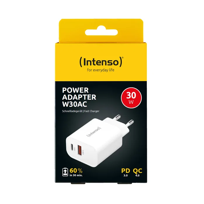 Intenso 7803012 Adaptador de Corriente USB-A y USB-C 30W Carga Rápida Dual Puerto Blanco Universal