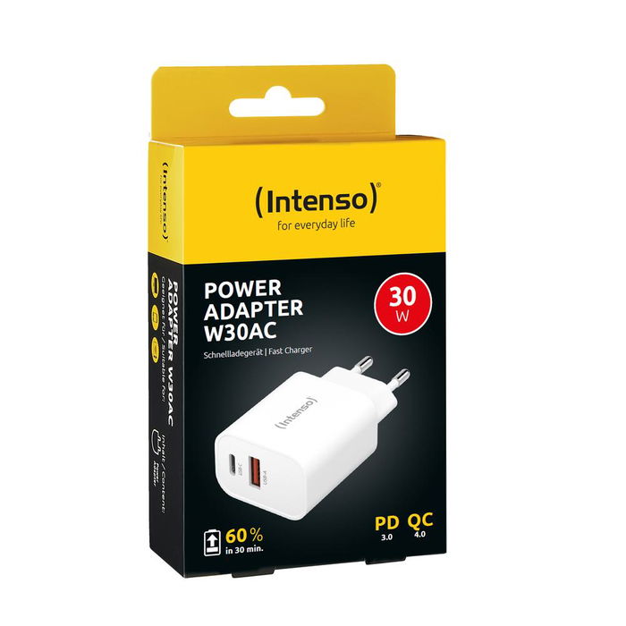 Intenso Cargador de Pared GaN 30W W30AC, 1 Puerto USB-C + 1 Puerto USB-A, Carga Rápida, Entrada 100-240V, Color Blanco