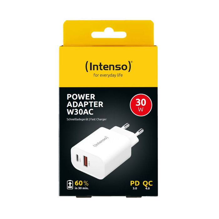 Intenso Cargador de Pared GaN 30W W30AC, 1 Puerto USB-C + 1 Puerto USB-A, Carga Rápida, Entrada 100-240V, Color Blanco