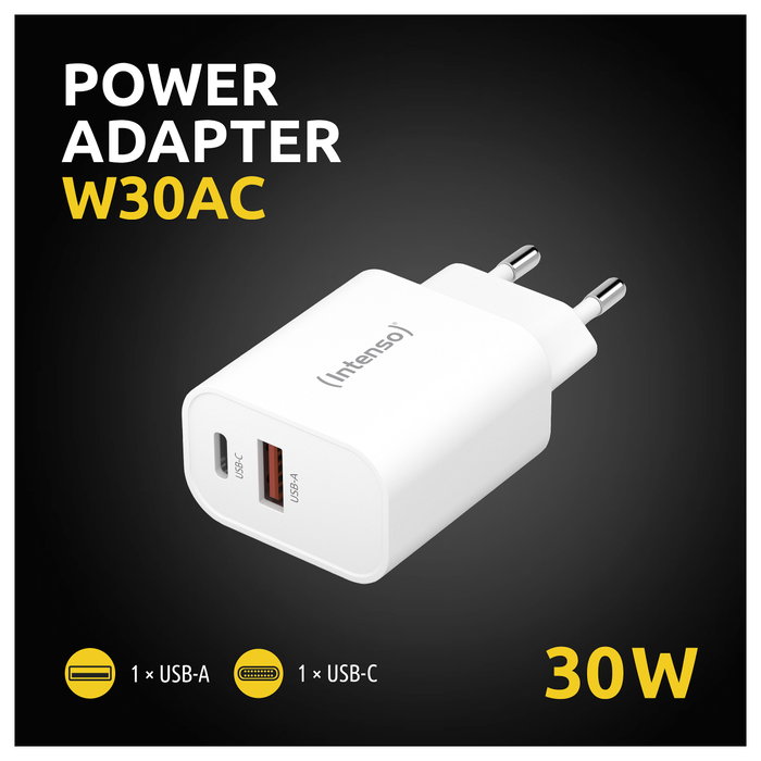 Intenso Power Adapter W30AC 1x USB-A 1x USB-C 30W Blanco