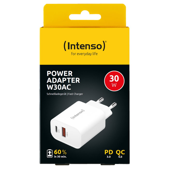 Intenso Power Adapter W30AC 1x USB-A 1x USB-C 30W Blanco