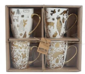 DKD Home Decor Set de 4 Tazas de Porcelana Dorado y Blanco 360ml
