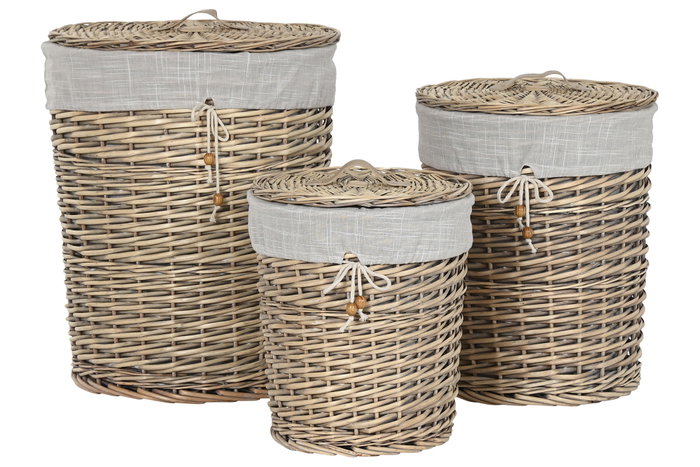 DKD Home Decor Set de 3 Cestas para la Ropa en Mimbre y Algodón Beige