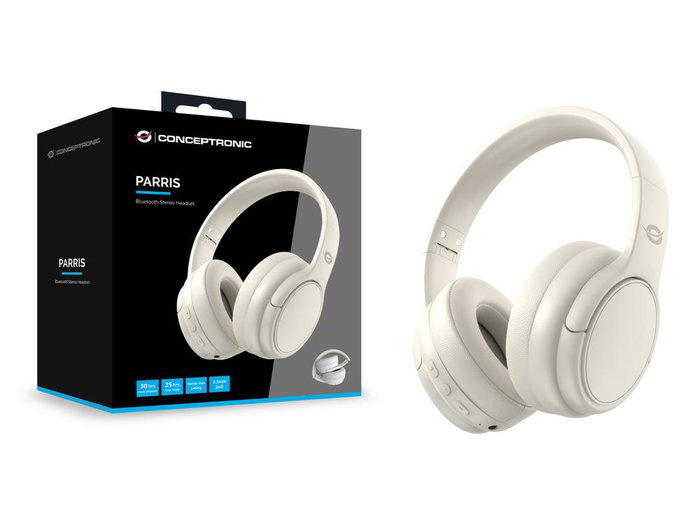 Conceptronic Auriculares PARRIS03C Inalámbricos Bluetooth 5.4 con Cable Jack 3.5mm, Batería 400mAh, Color Blanco Crema