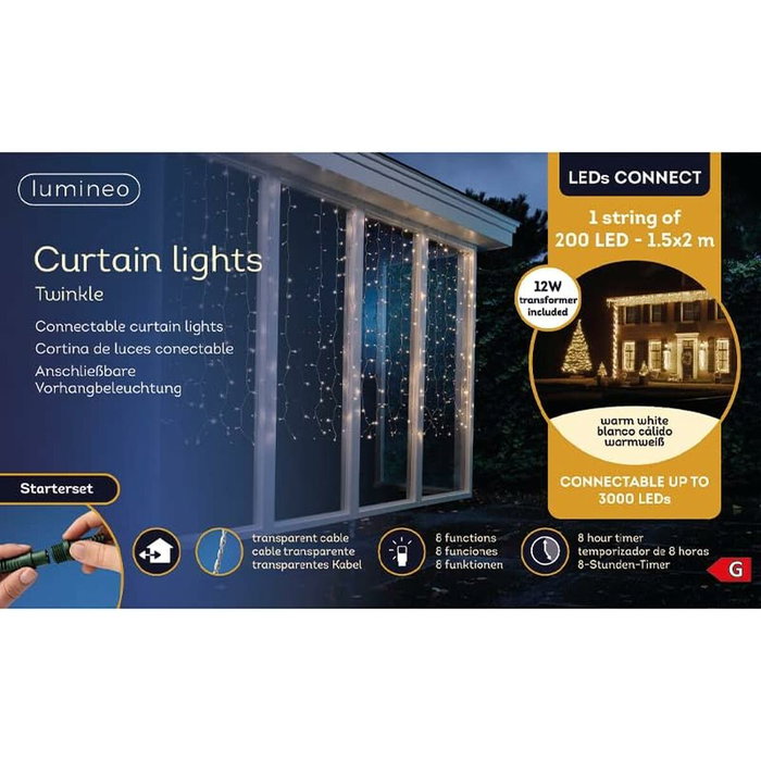 Lumineo Cortina LED Interconectable Multifunción, Luz Blanca Cálida, 200 LEDs, 1,5 x 2 m