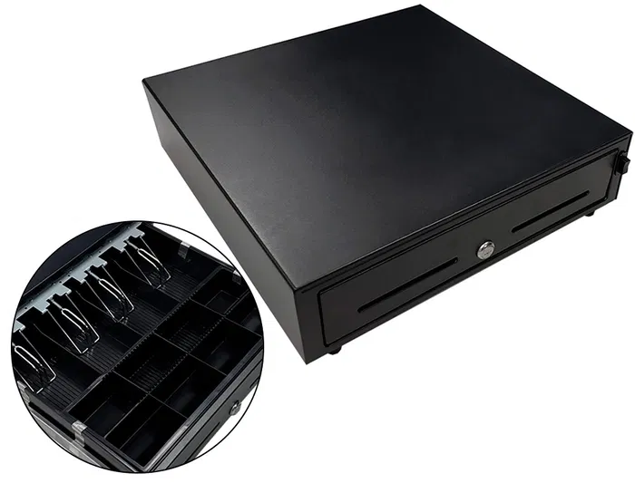 Seypos Cajon Portamonedas 410x415x110 mm con 8 Monederos y 4 Billeteros, Apertura Manual y Llave, Color Negro