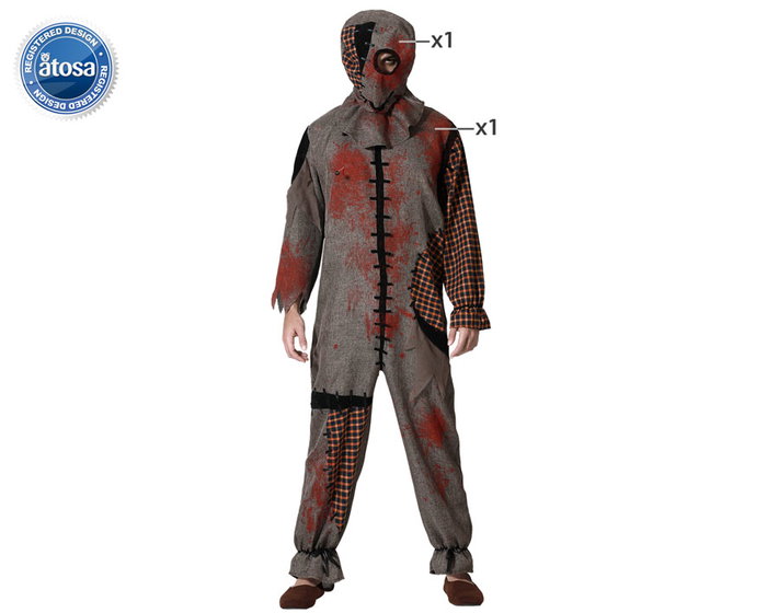 Pesadilla - Disfraz de Muñeco Vudú Gris para Hombre Adulto con Máscara Cerrada, Tallas M-L, Ideal para Halloween y Fiestas de Terror