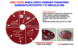 Disco de corte carburo de tungsteno madera/plástico/PVC 115 mm x 22.23 mm