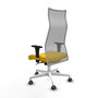 Sillón Albacete con mecanismo Sincro tapizada con Tela color Amarillo y malla color Gris. Equipado con Base poliamida blanca, Brazos 1D y Ruedas 65 mm parqué