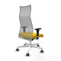 Sillón Albacete con mecanismo Sincro tapizada con Tela color Amarillo y malla color Gris. Equipado con Base poliamida blanca, Brazos 1D y Ruedas 65 mm parqué