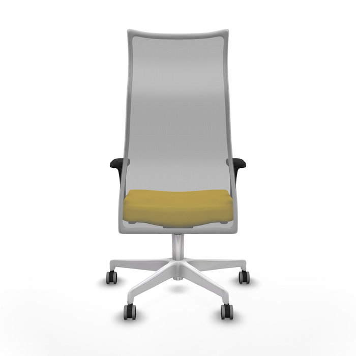 Sillón Albacete con mecanismo Sincro tapizada con Tela color Amarillo y malla color Gris. Equipado con Base poliamida blanca, Brazos 1D y Ruedas 65 mm parqué