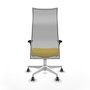 Sillón Albacete con mecanismo Sincro tapizada con Tela color Amarillo y malla color Gris. Equipado con Base poliamida blanca, Brazos 1D y Ruedas 65 mm parqué