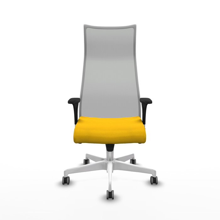 Sillón Albacete con mecanismo Sincro tapizada con Tela color Amarillo y malla color Gris. Equipado con Base poliamida blanca, Brazos 1D y Ruedas 65 mm parqué