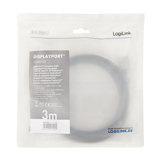 LogiLink Cable DisplayPort 1.2 M/M 3.0m Negro/Gris
