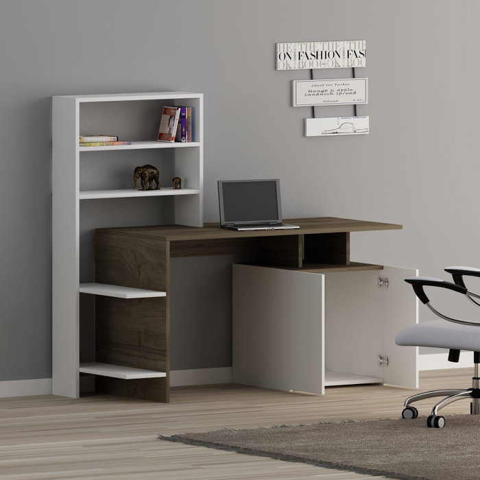 Hanah Home Mesa de Estudio Nogal y Blanco, Amplia Superficie y Estantería, 146.3x73.8x60cm Hanah Home Mesa de Estudio Nogal y Blanco, Amplia Superficie y Estantería, 146.3x73.8x60cm