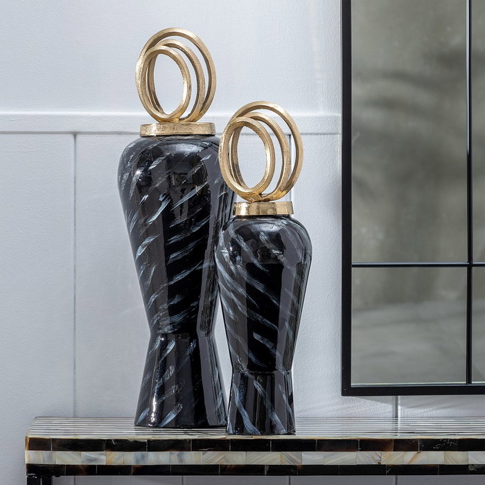 Tibor Negro-Oro Cristal-Metal Decoración 18 X 18 X 58 cm