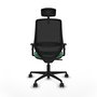 Silla de oficina Mardos con mecanismo Sincro tapizada con Tela color Verde esmeralda y malla color Negro. Equipada con lumbar 1D, Brazos 1D, Cabecero 2D y Ruedas 65mm nailon