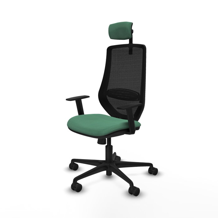Silla de oficina Mardos con mecanismo Sincro tapizada con Tela color Verde esmeralda y malla color Negro. Equipada con lumbar 1D, Brazos 1D, Cabecero 2D y Ruedas 65mm nailon