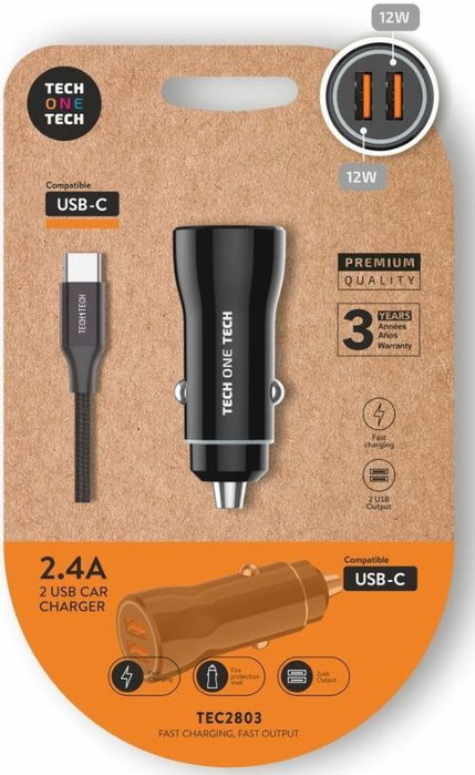 Tech One Tech TEC2803 Cargador de Coche 2xUSB con Cable USB Tipo-C