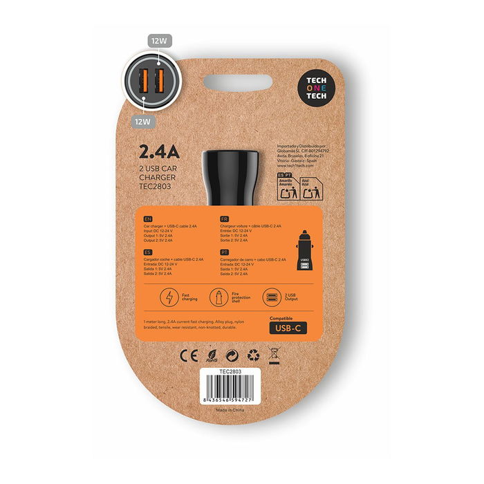 Tech One Tech Cargador Mechero Coche Doble USB-A 2.4A, 12W, Carga Rápida Inteligente, Cable USB-C 1m Incluido, Compatible Apple y Android, Negro