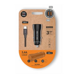 Tech One Tech Cargador Mechero Coche Doble USB-A 2.4A, 12W, Carga Rápida Inteligente, Cable USB-C 1m Incluido, Compatible Apple y Android, Negro