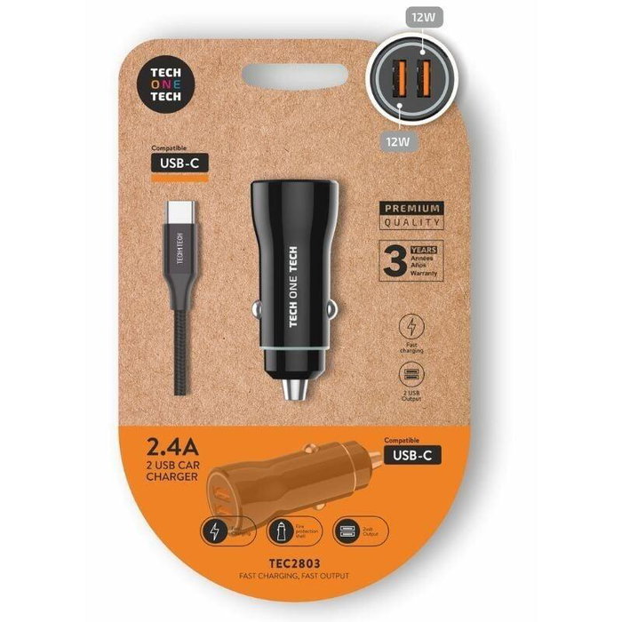 Tech One Tech Cargador Coche TEC2803 2 Puertos USB + Cable USB Tipo-C 12W - Compatible Apple/Android - Certificado CE FCC ROHS