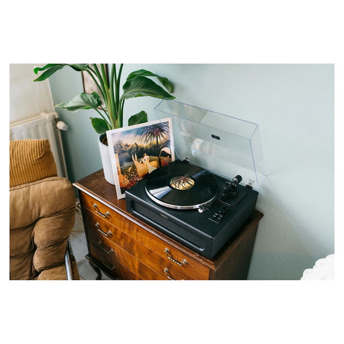 Lenco LS-430BK Tocadiscos de tracción por correa con Bluetooth 5.0 y Altavoces, 33/45 RPM, Imitación Piel, Negro