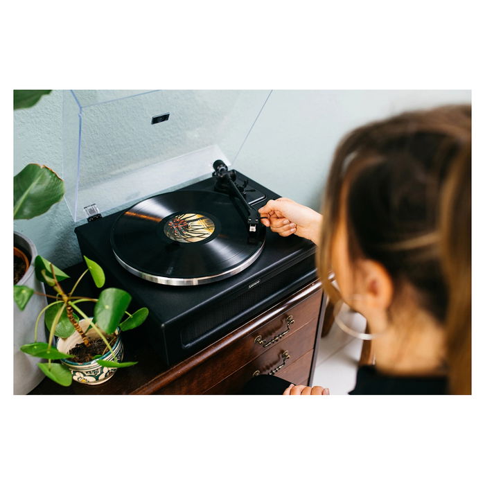 Lenco LS-430BK Tocadiscos de tracción por correa con Bluetooth 5.0 y Altavoces, 33/45 RPM, Imitación Piel, Negro