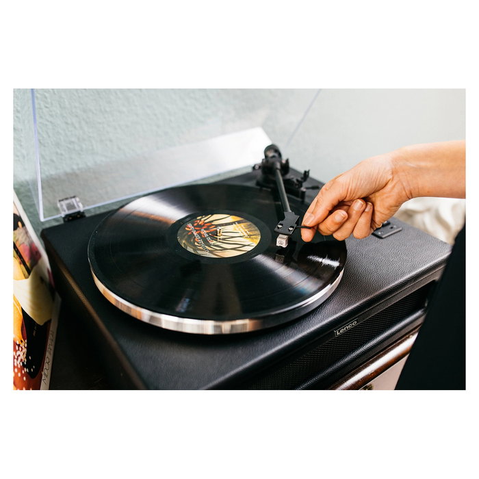 Lenco LS-430BK Tocadiscos de tracción por correa con Bluetooth 5.0 y Altavoces, 33/45 RPM, Imitación Piel, Negro