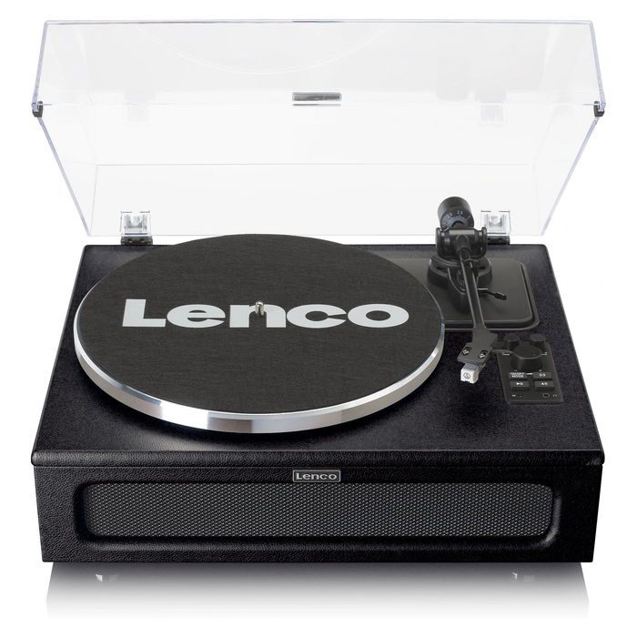 Lenco LS-430BK Tocadiscos de tracción por correa con Bluetooth 5.0 y Altavoces, 33/45 RPM, Imitación Piel, Negro