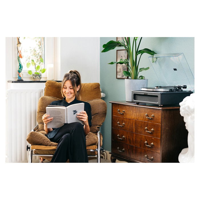 Lenco LS-430BK Tocadiscos de tracción por correa con Bluetooth 5.0 y Altavoces, 33/45 RPM, Imitación Piel, Negro