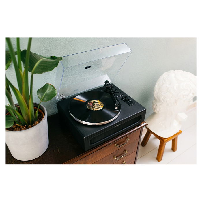 Lenco LS-430BK Tocadiscos de tracción por correa con Bluetooth 5.0 y Altavoces, 33/45 RPM, Imitación Piel, Negro