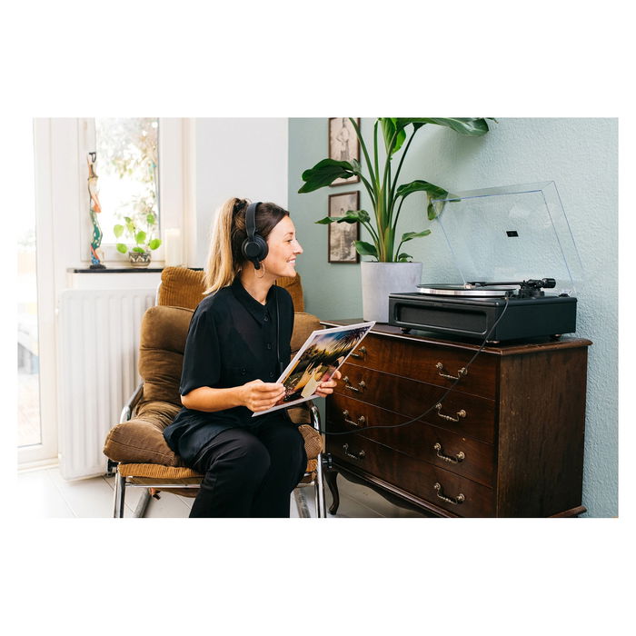 Lenco LS-430BK Tocadiscos de tracción por correa con Bluetooth 5.0 y Altavoces, 33/45 RPM, Imitación Piel, Negro