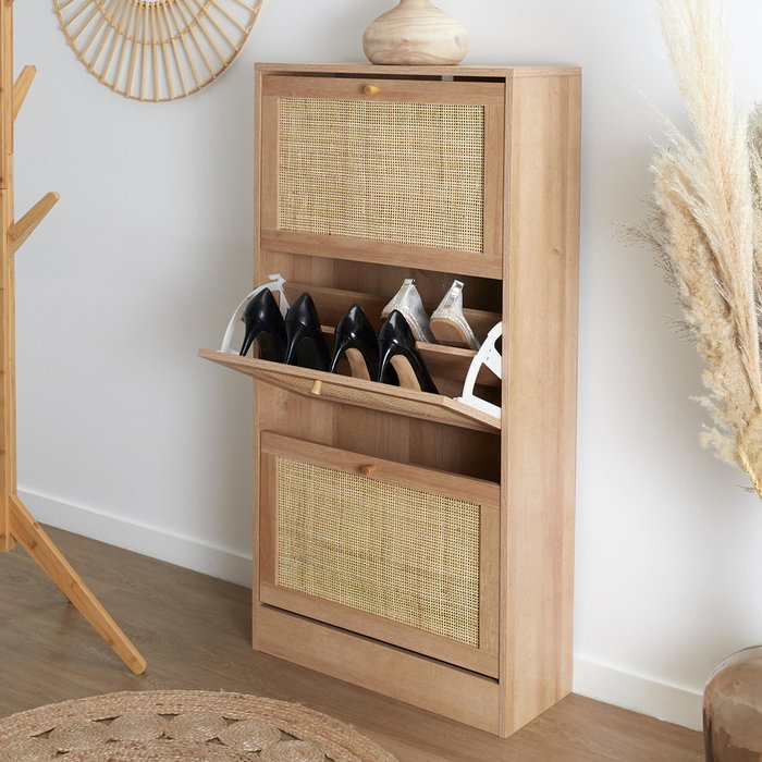 Home Deco Factory Zapatero Bali 3 Puertas Madera y Ratán Entrada Hogar Capacidad 18 Pares 60x24x113 cm