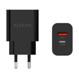AISENS Cargador de Pared 20W con 1xUSB-C PD3.0 y 1xUSB-A QC3.0, Negro