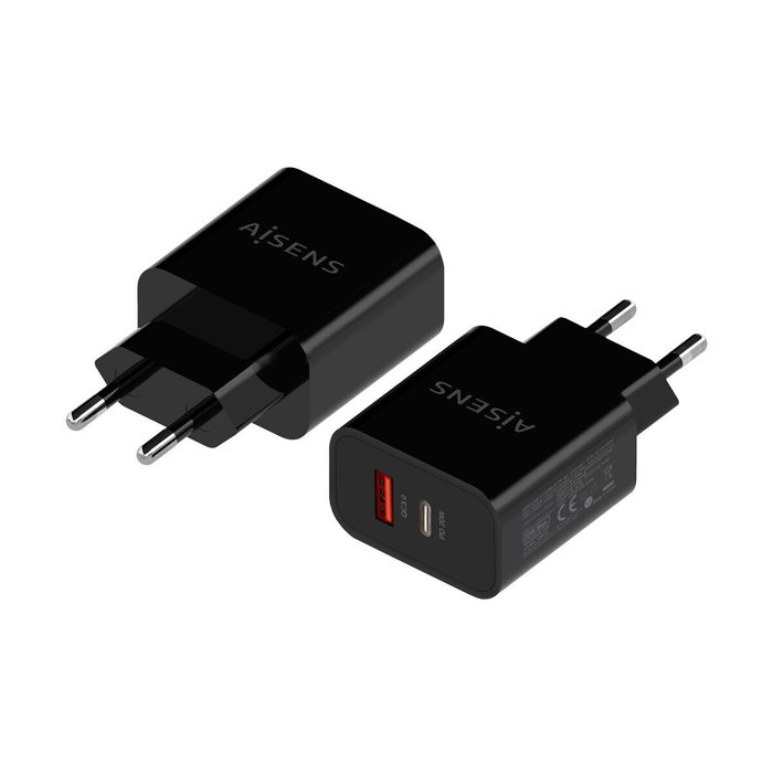 AISENS Cargador de Pared 20W con 1xUSB-C PD3.0 y 1xUSB-A QC3.0, Negro