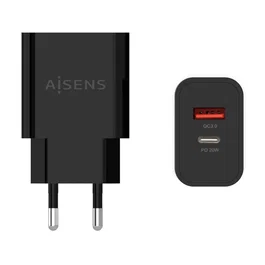 AISENS Cargador de Pared 20W con 1xUSB-C PD3.0 y 1xUSB-A QC3.0, Negro