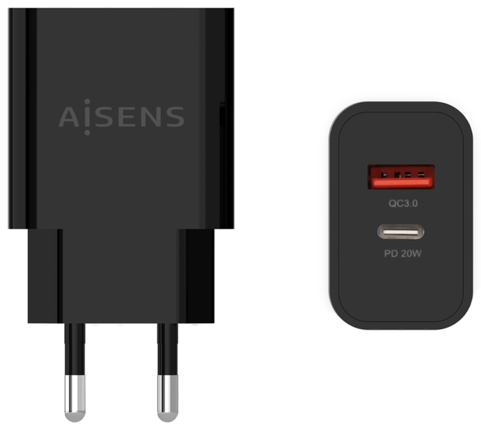 AISENS Cargador de Pared 20W con 1xUSB-C PD3.0 y 1xUSB-A QC3.0, Negro