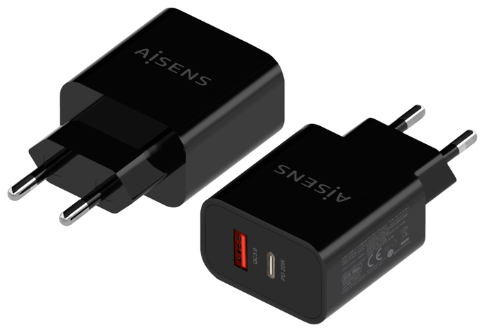 AISENS Cargador de Pared 20W con 1xUSB-C PD3.0 y 1xUSB-A QC3.0, Negro