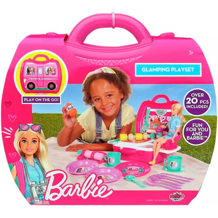 MATTEL Playset Glamping Barbie con más de 20 piezas para juego de rol, funda de viaje incluida, edad +3 años