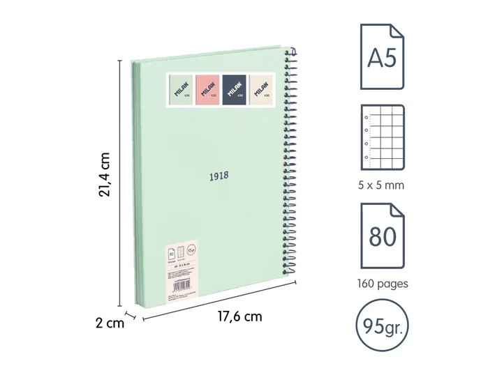 Milan Cuaderno Espiral Serie 1918 A5 80 Hojas Cuadriculado Verde Milan Cuaderno Espiral Serie 1918 A5 80 Hojas Cuadriculado Verde