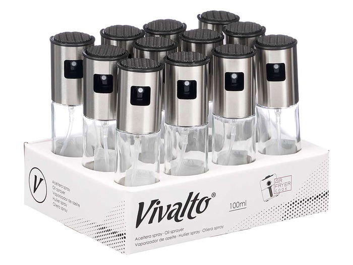 Vivalto Aceitera Vidrio 100 ml con Difusor, Transparente/Acero, 4.5x17x4.5 cm (Set de 24)