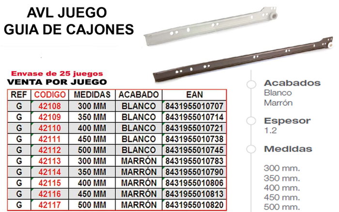 Guía para cajones 450 mm Marrón REF-G Guía para cajones 450 mm Marrón REF-G