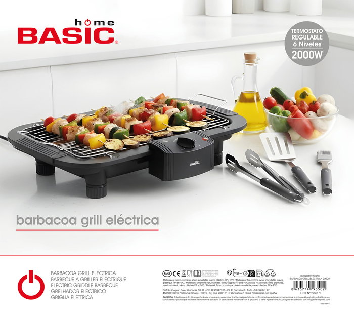 Inde Barbacoa Grill Eléctrica 2000W Basic Home - Medidas 48x30x4.5 cm (4 Unidades)