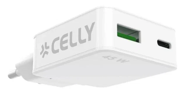 Celly SLIMTC1C1A45WWH Cargador 45W con Carga Rápida, 1 Puerto USB-C + 1 USB-A, Compatible con Portátil, Smartphone y Tableta, Blanco