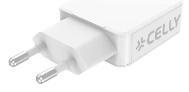 Celly SLIMTC1C1A45WWH Cargador 45W con Carga Rápida, 1 Puerto USB-C + 1 USB-A, Compatible con Portátil, Smartphone y Tableta, Blanco