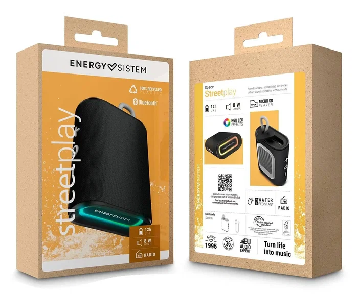 Energy Sistem Altavoz Portátil StreetPlay Negro - 8W, Bluetooth 5.4, IPX6 Resistente al Agua, Radio FM, Lector MicroSD, 12h Autonomía, Luces LED, Manos Libres