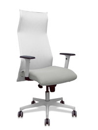 Sillón Albacete con mecanismo Sincro tapizada con Tela color Gris claro y malla color Blanco. Equipado con Base poliamida blanca, Brazos 1D y Ruedas 65 mm parqué